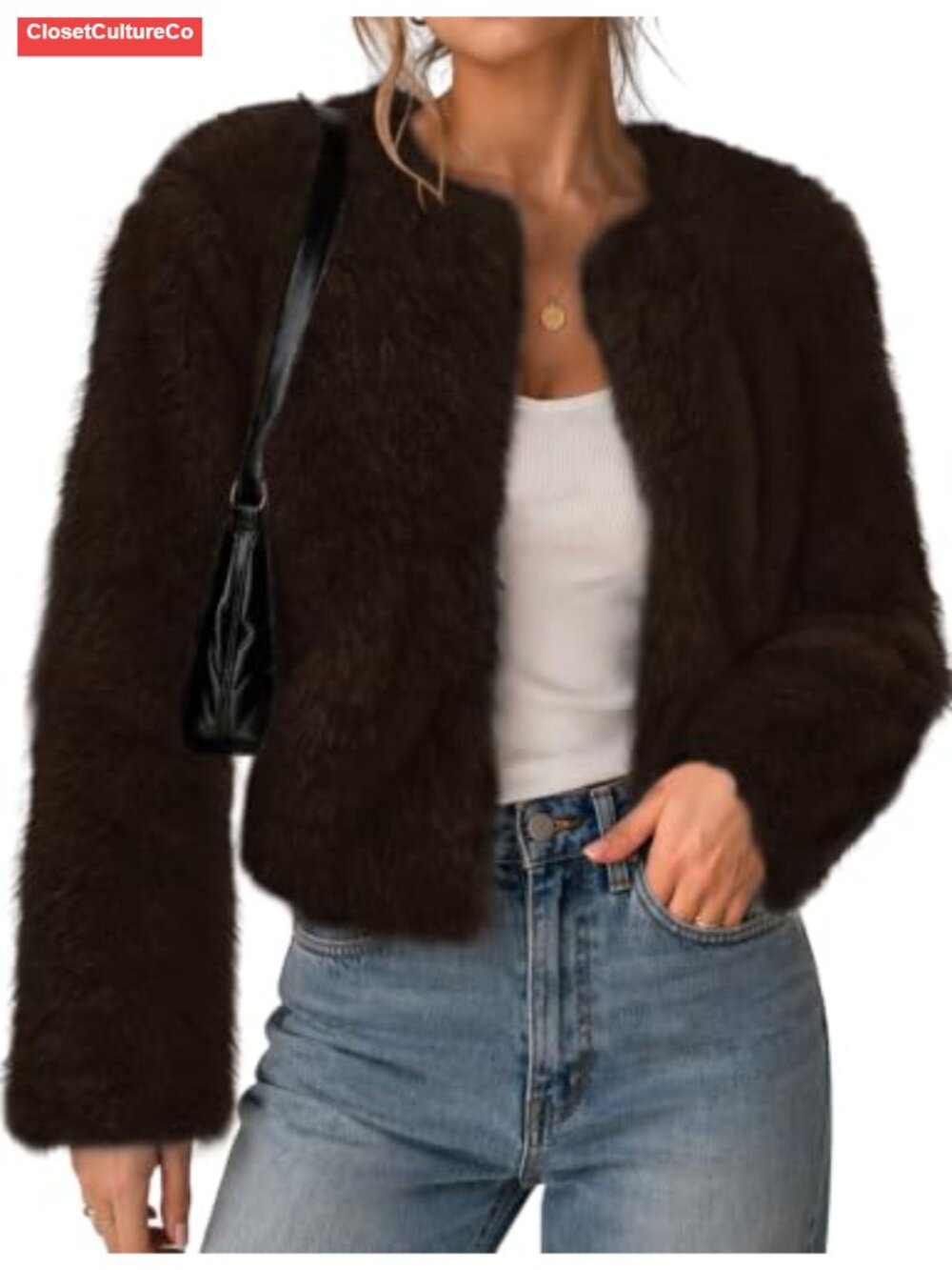 Women's Cropped Faux Fur Coat Long Sleeve Hook & Eye Cardigan